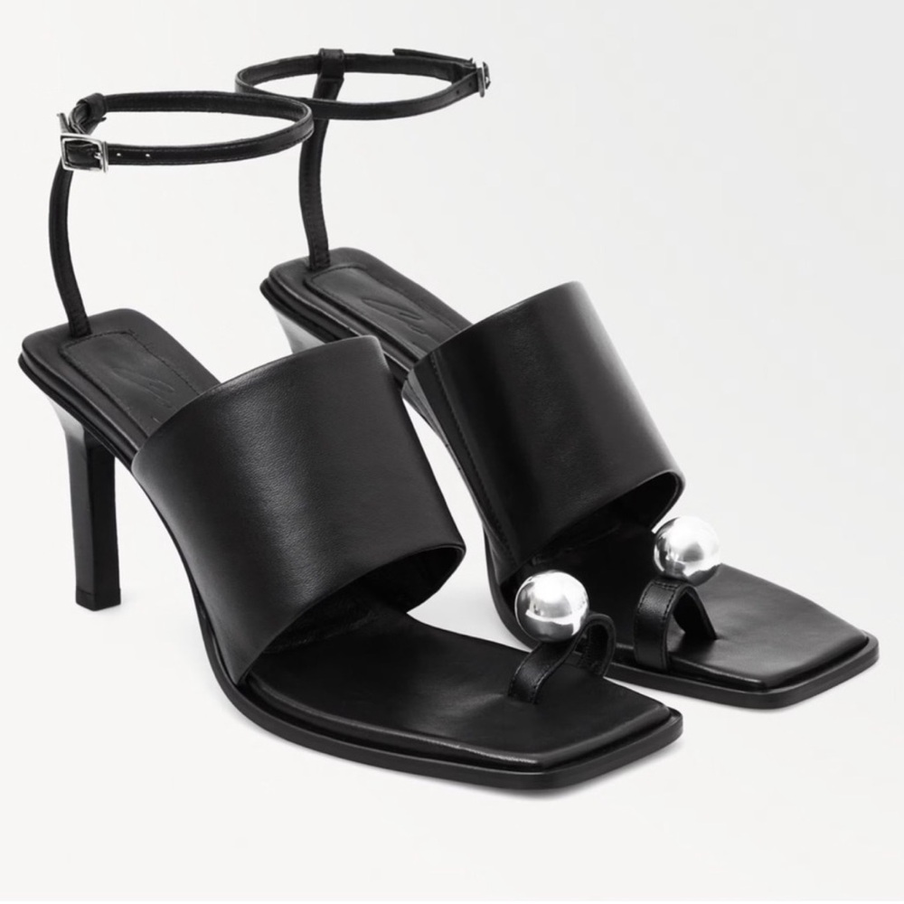 COS Black Leather Square-Toe Heeled Sandals with Silver Ball Accents